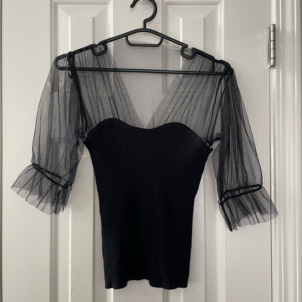 Black Sheer Puff-Sleeve Ribbed Women's Blouse